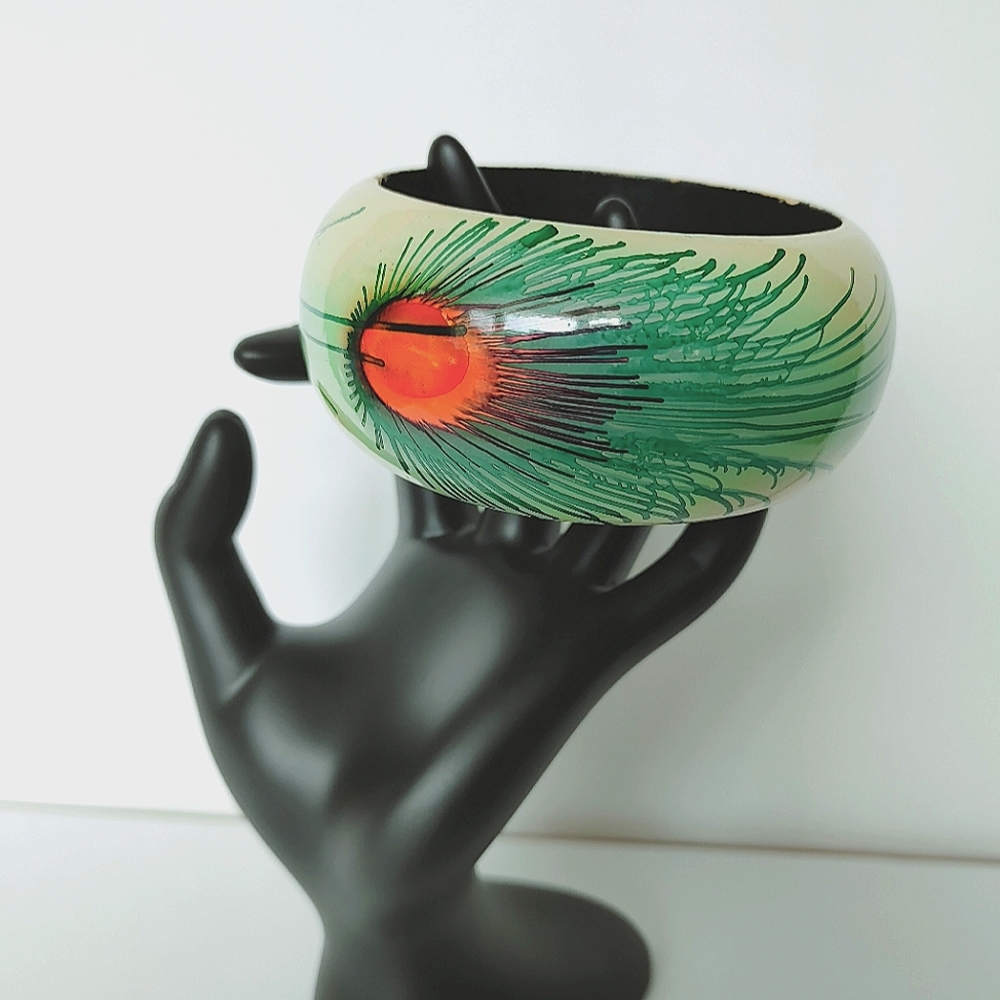 Chunky wood bracelet, hand painted, peacock feather